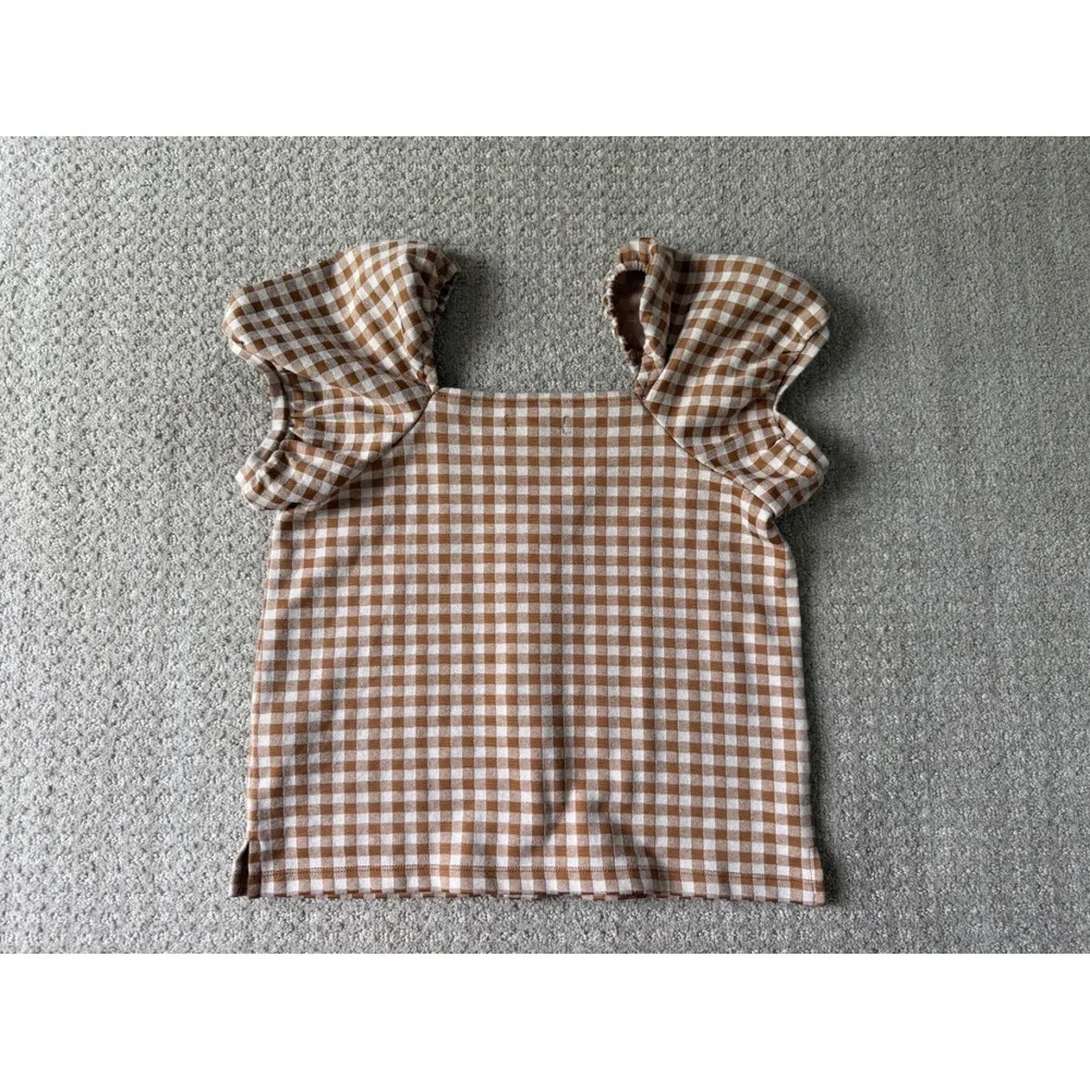 Madewell Top Womens S Brown White Cottage Chic Gingham Plaid Puff Sleeve Shirt